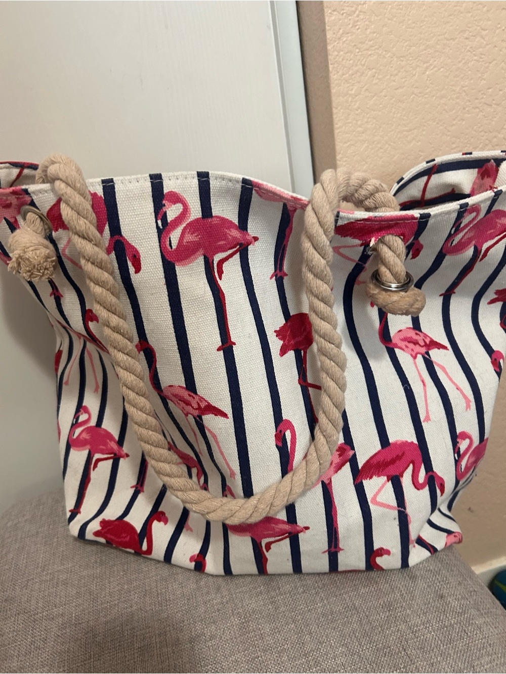 Canvas Flamingo Stripe Tote Bag with Rope Handles - Pink